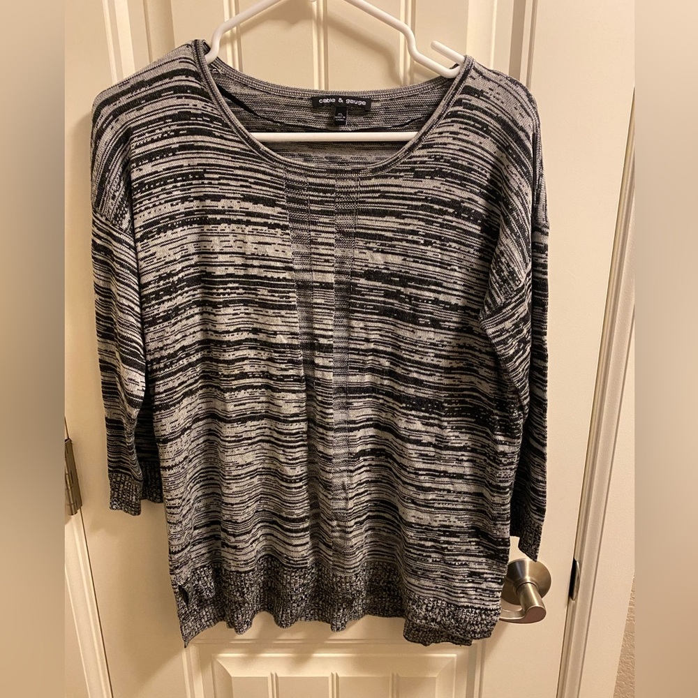 Cable Gauge Sweater XL Gray Black Pullover Lightweight 3/4 Sleeve Knit Top